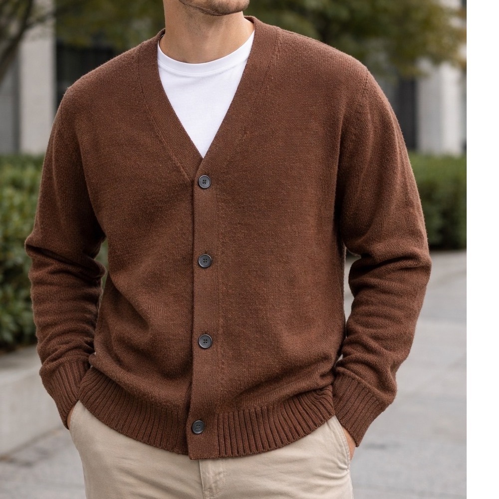 JACK JONES Mens Brown Knit Cardigan Sweater XL V Neck Button Front Long Sleeve